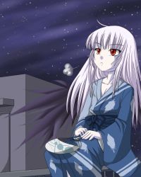 Rule 34 | 00s, 1girl, breasts, cleavage, doll, frown, hand fan, japanese clothes, kimono, night, obi, paper fan, red eyes, rozen maiden, sash, silver hair, sky, small breasts, solo, star (sky), star (symbol), starry sky, suigintou, uchiwa, wings