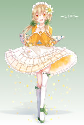 Rule 34 | 1girl, :d, absurdres, ankle ribbon, asymmetrical legwear, bad id, bad pixiv id, blonde hair, blush, floating hair, floral print, flower, frilled kneehighs, frilled skirt, frilled sleeves, frills, full body, gradient background, gradient skirt, green background, green footwear, green ribbon, hair between eyes, hair flower, hair ornament, hair over shoulder, high heels, highres, japanese clothes, kimono, kneehighs, layered skirt, leg ribbon, long hair, long sleeves, looking at viewer, low twintails, maid, maid headdress, medium skirt, open mouth, orange kimono, original, print sleeves, pumps, ribbon, ribbon-trimmed legwear, ribbon trim, single kneehigh, single sock, single thighhigh, skirt, sll, smile, socks, solo, standing, thighhighs, twintails, uneven legwear, very long hair, wa maid, white flower, white skirt, white socks, wide sleeves, yellow eyes