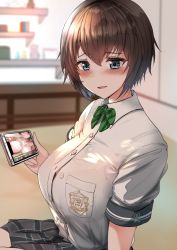 Rule 34 | 1girl, blue eyes, blush, breasts, brown hair, cellphone, cum, cum on body, highres, indoors, large breasts, looking at viewer, nude, open mouth, original, phone, school uniform, short hair, sitting, skirt, solo, take (trude1945oneetyan), upper body