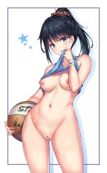 Rule 34 | 10s, 1girl, ball, basketball, black hair, blue eyes, blush, bottomless, breasts, cenangam, cleft of venus, from behind, gridman universe, holding, holding ball, long hair, looking at viewer, medium breasts, navel, nike (company), nipples, no bra, nude, nude filter, open mouth, orange scrunchie, outside border, ponytail, pussy, scrunchie, simple background, solo, ssss.gridman, star (symbol), stomach, sweat, takarada rikka, thighs, third-party edit, underwear, white background, wiping sweat, wristband