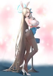 Rule 34 | 1girl, absurdly long hair, absurdres, animal ears, aqua leotard, ass, asuna (blue archive), asuna (bunny) (blue archive), blue archive, blue bow, blue bowtie, blue eyes, blue leotard, bow, bowtie, breasts, covering privates, covering breasts, detached collar, fake animal ears, hair over one eye, highres, large breasts, leotard, leotard pull, light brown hair, long hair, mole, mole on breast, p.i.t.d, playboy bunny, rabbit tail, solo, swept bangs, very long hair