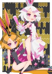 2girls absurdres alcohol animal_ears black_footwear black_rabbit_usa blonde_hair champagne champagne_flute china_dress chinese_clothes crown cup disgaea disgaea_rpg dress drinking_glass highres multiple_girls octpus rabbit_ears rabbit_tail red_eyes shoes short_hair tail white_hair white_rabbit_salia