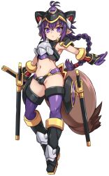 Rule 34 | 1girl, animal ears, armpits, black footwear, boots, braid, closed mouth, commentary request, crop top, fake animal ears, gloves, groin, hair between eyes, highres, holding, holding sword, holding weapon, karukan (monjya), katana, knee boots, long hair, looking at viewer, matsuhime mujina, navel, outstretched arm, purple gloves, purple thighhighs, sheath, sheathed, shinrabanshou, single braid, sleeveless, solo, sword, tail, thighhighs, thighhighs under boots, v-shaped eyebrows, very long hair, weapon
