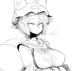 Rule 34 | 1girl, bad id, bad pixiv id, breasts, closed eyes, female focus, greyscale, hands in pockets, hat, large breasts, monochrome, short hair, sigh, sketch, solo, spacezin, tabard, touhou, upper body, yakumo ran