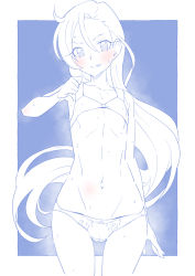 Rule 34 | 1girl, asymmetrical bangs, blue theme, blush, bow, bow panties, breasts, commentary, cowboy shot, crotch seam, groin, highres, long hair, looking at viewer, miyagoe yoshitsuki, monochrome, navel, panties, precure, small breasts, solo, spot color, standing, sweat, takizawa asuka, tropical-rouge! precure, underwear, underwear only, very long hair