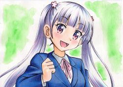 Rule 34 | 1girl, :d, blue jacket, blush, collared shirt, commentary request, eyelashes, flower, green background, grey hair, hair flower, hair ornament, hand up, highres, jacket, long hair, long sleeves, looking at viewer, neck ribbon, new game!, oka mochi, open mouth, pink ribbon, ribbon, shirt, smile, solo, suzukaze aoba, tongue, traditional media, twintails, white shirt