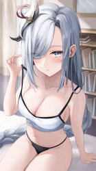 Rule 34 | 1girl, absurdres, bedroom, black panties, blue eyes, bookshelf, bra, bra pull, braid, breasts, cleavage, closed mouth, clothes pull, collarbone, expressionless, eyes visible through hair, genshin impact, grey hair, hair ornament, hair over one eye, highres, indoors, large breasts, long hair, looking at viewer, low-braided long hair, low-tied long hair, navel, on bed, panties, pulled by self, shenhe (genshin impact), sitting, solo, stomach, strap pull, thighs, underwear, very long hair, vivid (vividusss), white bra