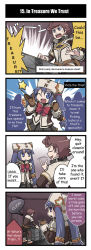 Rule 34 | 1boy, 1girl, 4koma, :d, :o, afterimage, ahoge, alternate language, artist request, belt, bow, brown hair, clenched hand, comic, english text, closed eyes, fang, gloves, hair ornament, hard-translated, hat, highres, human (totomono), index finger raised, jitome, ken to mahou to gakuen mono, khulaz, long hair, looking down, motion lines, official art, one eye closed, open mouth, pleated skirt, pointing, school uniform, skirt, smile, speech bubble, standing, star (symbol), sweatdrop, talking, third-party edit, translated, treasure chest, twintails, waving, wink