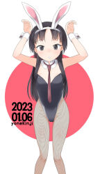 Rule 34 | 1girl, animal ears, arms up, artist name, bare shoulders, black hair, black leotard, breasts, collar, dated, detached collar, fake animal ears, feet out of frame, female focus, fishnet pantyhose, fishnets, grey eyes, groin, hairband, highleg, highleg leotard, highres, leotard, long hair, looking at viewer, necktie, original, pantyhose, parted bangs, parted lips, playboy bunny, rabbit ears, red background, red necktie, small breasts, solo, standing, two-tone background, very long hair, white background, white collar, white hairband, wrist cuffs, yone kinji