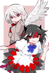 Rule 34 | 2girls, adapted costume, angel wings, arm at side, black dress, black hair, blue neckwear, braid, breasts, bright pupils, brown jacket, collared dress, colored eyelashes, dress, expressionless, eyes visible through hair, french braid, from behind, grey hair, grin, hand gesture, hand up, highres, horns, jacket, kijin seija, kishin sagume, long sleeves, looking at viewer, looking back, mindoll, multicolored clothes, multicolored dress, multicolored hair, multiple girls, neck ribbon, outline, outside border, outstretched arm, pink background, puffy short sleeves, puffy sleeves, purple dress, red dress, red eyes, red hair, red neckwear, ribbon, short dress, short hair, short sleeves, single wing, small breasts, smile, streaked hair, touhou, two-tone background, white background, white dress, white hair, white wings, wings