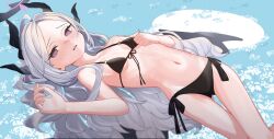 Rule 34 | 1girl, absurdres, bare arms, bare legs, bare shoulders, bikini, black bikini, blue archive, blush, breasts, collarbone, commentary, day, forehead, front-tie bikini top, front-tie top, groin, hair ornament, highres, hina (blue archive), horns, lazu0721, long hair, looking at viewer, lying, navel, on back, purple eyes, side-tie bikini bottom, small breasts, smile, solo, stomach, string bikini, swimsuit, thighs, very long hair, white hair