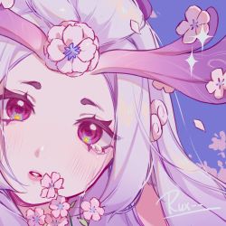 Rule 34 | 1girl, absurdres, blue background, blush, character request, flower, grey hair, hair flower, hair ornament, head, highres, league of legends, lillia (league of legends), long hair, parted lips, pink eyes, pink flower, portrait, ruan chen yue, simple background, solo, spirit blossom lillia, teeth