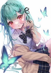Rule 34 | 1girl, absurdres, black bow, black bowtie, black ribbon, black skirt, bow, bowtie, bug, butterfly, butterfly hair ornament, duplicate, fingernails, green hair, hair ornament, hair ribbon, highres, holding, hololive, hololive fantasy, insect, long hair, looking at viewer, misekiss, pixel-perfect duplicate, plaid, plaid skirt, red eyes, ribbon, shirt, simple background, skirt, solo, uruha rushia, uruha rushia (school uniform), virtual youtuber, white background, white shirt