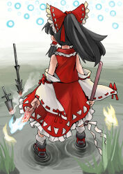 Rule 34 | 1girl, black hair, bow, commentary request, danmaku, facing away, from behind, full body, gohei, hair bow, hair tubes, hakurei reimu, highres, holding, holding stick, long hair, planted, planted spear, polearm, ponytail, rightorisamraido3, ripples, solo, spear, standing, stick, touhou, water, weapon