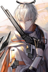 Rule 34 | 1boy, absurdres, arknights, black gloves, commentary request, executor (arknights), gloves, grey eyes, gun, hair between eyes, halo, highres, holding, holding gun, holding weapon, jacket, male focus, pottsness, short hair, shotgun, silver hair, upper body, weapon, white jacket
