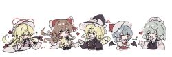 5girls :3 bat_wings black_shirt blonde_hair blue_hair blush bow braid brown_eyes brown_hair closed_eyes detached_sleeves dress grey_hair hair_between_eyes hakurei_reimu hat heart izayoi_sakuya kerukero1341 kirisame_marisa long_hair long_sleeves maid_headdress medium_hair mob_cap multiple_girls purple_tabard red_bow red_eyes red_shirt remilia_scarlet shirt short_sleeves smile tabard touhou twin_braids upper_body vampire white_background white_dress wings witch_hat yakumo_yukari yellow_eyes