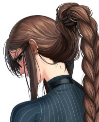 Rule 34 | 1girl, blue sweater, braid, braided ponytail, brown hair, choker, commentary request, ear piercing, earrings, fate/grand order, fate (series), from behind, glasses, hair lift, highres, jewelry, long braid, long hair, looking at viewer, looking back, nape, neck, piercing, pinstripe pattern, sidelocks, single braid, solo, striped clothes, striped sweater, sweater, very long hair, yu mei-ren (fate), yu mei-ren (first ascension) (fate), zonotaida