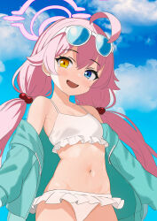 Rule 34 | 1girl, absurdres, ahoge, bikini, blue archive, blue eyes, blue sky, blush, breasts, cloud, cloudy sky, commentary request, cowboy shot, day, eyewear on head, frilled bikini, frills, green jacket, hair between eyes, halo, heterochromia, highres, hoshino (blue archive), hoshino (swimsuit) (blue archive), jacket, long hair, looking at viewer, looking down, low twintails, navel, off shoulder, official alternate costume, open clothes, open jacket, open mouth, pink hair, pink halo, shiroharo, sky, small breasts, smile, solo, standing, sunglasses, swimsuit, twintails, white bikini, yellow eyes