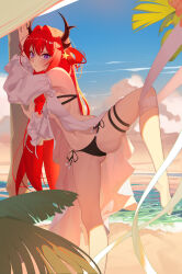 Rule 34 | 1girl, against tree, arknights, barefoot, beach, bikini, black bikini, blush, breasts, chinese commentary, cleavage, closed mouth, cloud, cloudy sky, day, demon horns, eyelashes, eyeshadow, feet, foot out of frame, frown, furrowed brow, hair intakes, hair ornament, hair rings, highres, horns, leg lift, legs, long hair, looking at viewer, makeup, medium breasts, navel, ocean, official alternate costume, outdoors, palm tree, purple eyes, qianshibu, red eyeshadow, red hair, ribbon, side-tie bikini bottom, skindentation, sky, solo, standing, standing on one leg, star (symbol), star hair ornament, stomach, surtr (arknights), surtr (colorful wonderland) (arknights), swimsuit, swimsuit cover-up, thigh strap, toenails, toes, tree, white ribbon