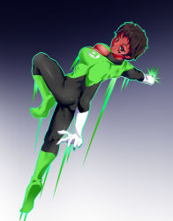 Rule 34 | 1girl, alien, ass, bodysuit, boots, breasts, brown eyes, brown hair, cleavage, colored skin, dc comics, facial tattoo, female focus, flying, full body, gloves, glowing, gradient background, green lantern, green lantern (series), jewelry, leg up, looking at viewer, looking back, medium breasts, nabe (ingenmame), red skin, ring, short hair, skin tight, solo, soranik natu, tattoo, uniform