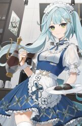 Rule 34 | 1girl, absurdres, alternate costume, apron, aqua hair, blue choker, blue dress, blue ribbon, choker, cjsdh1000, closed mouth, coffee maker, commentary request, cowboy shot, dress, enmaided, faruzan (cafe) (genshin impact), faruzan (genshin impact), food, frilled apron, frilled skirt, frilled sleeves, frills, genshin impact, green eyes, hair ornament, highres, holding, holding plate, holding teapot, indoors, kitchen, long hair, looking at viewer, maid, maid apron, maid headdress, official alternate costume, plate, puffy short sleeves, puffy sleeves, ribbon, short sleeves, skirt, smile, solo, symbol-shaped pupils, teapot, thighhighs, triangle-shaped pupils, twintails, white apron, white thighhighs, white wrist cuffs, wrist cuffs, x hair ornament