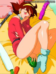 Rule 34 | 1990s (style), 1girl, ankle boots, blush, boots, grabbing another&#039;s breast, breasts, brown hair, daikon, dildo, earrings, female masturbation, fetal position, food, food insertion, g gundam, grabbing, grabbing own breast, gundam, hairband, hosaka yuuichi, jewelry, large breasts, legs, long legs, masturbation, object insertion, open mouth, radish, rain mikamura, retro artstyle, sex toy, solo, sweat, thighs