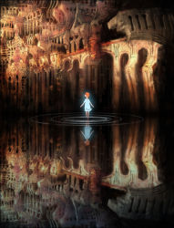 Rule 34 | 1girl, architecture, blue dress, building, dress, full body, orange hair, outstretched hand, reflection, reflective water, ripples, short hair, short sleeves, solo, standing, standing on liquid, sukiyoshi (skiaki), wading, water
