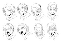 Rule 34 | 1girl, :p, annie leonhart, blonde hair, blue eyes, blush, closed eyes, expressions, greyscale, hayate (leaf98k), lineart, monochrome, open mouth, pale skin, parted lips, shingeki no kyojin, smile, sweat, tongue, tongue out, turn pale