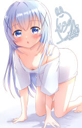 Rule 34 | 1girl, absurdres, all fours, bare legs, barefoot, blue eyes, blush, breasts, cleavage, collarbone, downblouse, gochuumon wa usagi desu ka?, hair between eyes, hair ornament, highres, kafuu chino, long hair, looking at viewer, noshi nono, off-shoulder shirt, off shoulder, open mouth, shirt, short sleeves, small breasts, solo, white background, white hair, white shirt, x hair ornament