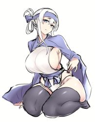 Rule 34 | 1girl, ainu, ainu clothes, bandana, blue eyes, boots, breasts, closed mouth, commentary request, curvy, dress, folded ponytail, hair between eyes, headband, hometa, kamoi (kancolle), kantai collection, large breasts, leotard, looking at viewer, seiza, sideboob, sidelocks, sitting, sketch, sleeveless, sleeveless dress, solo, thick eyebrows, thick thighs, thigh boots, thighhighs, thighs, white dress, white hair, wide sleeves
