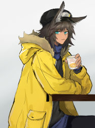 Rule 34 | 1boy, animal ears, aqua eyes, arknights, black hat, black shirt, blue sweater, brown hair, closed mouth, commentary, courier (arknights), courier (new routes) (arknights), cup, dark-skinned male, dark skin, deer ears, elbows on table, eyes visible through hair, from side, fur-trimmed jacket, fur trim, glass, grey background, hat, highres, holding, holding cup, jacket, long sleeves, looking at viewer, male focus, official alternate costume, shirt, shisi (qh19984), sitting, smile, solo, sweater, table, yellow jacket