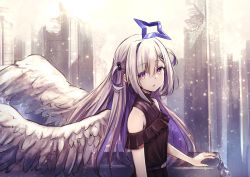 Rule 34 | 1girl, absurdres, amane kanata, amane kanata (work), angel, angel wings, black dress, blue hair, blurry, bokeh, colored inner hair, depth of field, dress, feathered wings, from side, gradient wings, halo, highres, hololive, looking at viewer, multicolored hair, multicolored wings, off-shoulder dress, off shoulder, official alternate costume, parted lips, pikao, purple eyes, silver hair, solo, star halo, two side up, upper body, virtual youtuber, white wings, wings