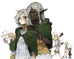 2boys 5girls ? arm_tattoo bags_under_eyes bare_shoulders black_eyes blank_speech_bubble blonde_hair bracelet braid chest_tattoo choker cithis cloak dark-skinned_female dark_elf dark_skin dungeon_meshi elf facial_mark fairy fairy_(dungeon_meshi) fleki forehead_mark gorget green_cloak grey_hair hair_around_ear halfling hands_on_another&#039;s_shoulders highres hood hooded_cloak jewelry long_hair long_sleeves looking_at_another looking_to_the_side low_twintails lycion mayjack_(dungeon_meshi) mithrun multiple_boys multiple_girls notched_ear nova_1810 one_eye_closed otta_(dungeon_meshi) pattadol pointy_ears shirt short_hair simple_background speech_bubble tattoo topless_male tunic twintails very_short_hair white_background yellow_eyes