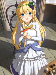 Rule 34 | 1girl, absurdres, blonde hair, blue eyes, blush, braid, chair, chess piece, chessboard, cleavage cutout, clothing cutout, dress, food-themed hair ornament, grape hair ornament, hair ornament, highres, holding, holding toy, iris (konosuba), isome, jewelry, kono subarashii sekai ni shukufuku wo!, long dress, long hair, long sleeves, looking at viewer, necklace, on chair, open mouth, smile, solo, toy, white dress