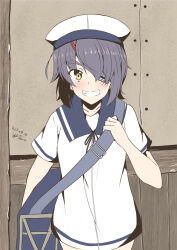 Rule 34 | 1girl, aged down, bag, blue sailor collar, commentary request, cosplay, cowboy shot, dress, eyepatch, grin, hat, hiburi (kancolle), hiburi (kancolle) (cosplay), highres, kantai collection, purple hair, sailor collar, sailor dress, sailor hat, short hair, short sleeves, smile, solo, taira yuuki, tenryuu (kancolle), white dress, white hat, yellow eyes
