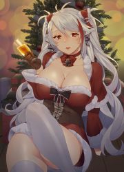 Rule 34 | 1girl, alcohol, antenna hair, arm support, azur lane, breasts, brown eyes, cape, champagne, champagne flute, christmas, christmas tree, cleavage, collarbone, cross, cup, drinking glass, gloves, hair between eyes, head tilt, highres, holding, holding cup, iron cross, large breasts, long hair, looking at viewer, maitei roppa, multicolored hair, on floor, open mouth, prinz eugen (azur lane), red cape, red gloves, red hair, silver hair, sitting, solo, streaked hair, swept bangs, thighhighs, thighs, two side up, very long hair, white thighhighs