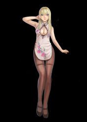 Rule 34 | 1girl, absurdres, armpits, black background, blonde hair, blue eyes, brown pantyhose, china dress, chinese clothes, cleavage cutout, clothing cutout, dress, fingernails, full body, goldengear870, highres, knees together feet apart, legs together, looking at viewer, nose, pantyhose, parted lips, shoes, short dress, simple background, solo, standing, thigh gap