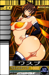 Rule 34 | 1girl, armpits, ass, avengers (series), bare shoulders, bee costume, bikini, blue eyes, blush, bodysuit, breasts, brown hair, card (medium), detached sleeves, disk wars: avengers, disk wars avengers, earrings, hand on own hip, hassaku (rapidangel), high heels, hip focus, insect wings, jewelry, large breasts, marvel, micro bikini, open mouth, partially visible vulva, short hair, smile, solo, swimsuit, translation request, wasp (marvel), wide hips, wings