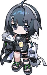 1girl ahoge arknights artist_request belt black_footwear black_hair black_jacket black_straps bracelet closed_mouth cup deformed dot_mouth dress drink full_body grey_dress hair_ornament hairclip holding holding_cup infection_monitor_(arknights) jacket jewelry la_pluma_(arknights) looking_at_viewer lowres medium_hair no_nose off_shoulder official_art pouch sandals solo thigh_strap transparent_background