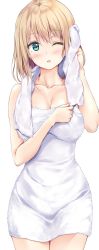 Rule 34 | 1girl, ;d, aqua eyes, bad id, bad twitter id, blonde hair, blush, breasts, cleavage, collarbone, cowboy shot, highres, large breasts, medium hair, naked towel, one eye closed, open mouth, original, pasdar, simple background, smile, solo, towel, white background