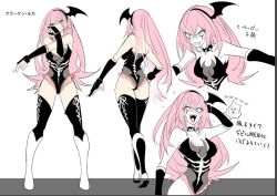 Rule 34 | 1girl, aqua eyes, black thighhighs, boots, character sheet, choker, constricted pupils, facepaint, hairband, laughing, leotard, long hair, manbou no ane, megurine luka, pink hair, ring no seraph (vocaloid), simple background, spiked choker, spikes, stretching, thighhighs, translated, vocaloid, white background, white footwear, winged hairband, wrestling outfit