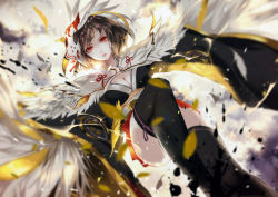 Rule 34 | 1girl, black thighhighs, blurry, blurry background, breasts, brown hair, cleavage, commentary request, depth of field, dutch angle, feathers, feet out of frame, highres, japanese clothes, kimono, large breasts, long sleeves, looking at viewer, mask, mask on head, obi, onmyoji, parted lips, pleated skirt, red eyes, red skirt, sash, skirt, solo, thighhighs, vardan (s645062222), wide sleeves, wings