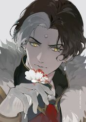 Rule 34 | 1boy, blood, blood on hands, brown hair, copyright name, earrings, emet-selch, final fantasy, final fantasy xiv, flower, fur trim, garlean, gloves, grey hair, hand up, high collar, highres, holding, holding flower, jewelry, laoyepo, looking at viewer, male focus, multicolored hair, parted bangs, portrait, short hair, simple background, single earring, solo, streaked hair, third eye, two-tone hair, v-shaped eyebrows, white background, white flower, white gloves, yellow eyes