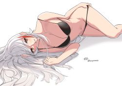 Rule 34 | 1girl, azur lane, bikini, bikini pull, black bikini, blush, breasts, clothes pull, hair down, large breasts, long hair, looking at viewer, lying, mole, mole on breast, morino (harpoomoss), multicolored hair, navel, on side, parted lips, prinz eugen (azur lane), red hair, silver hair, simple background, smile, solo, streaked hair, swept bangs, swimsuit, twitter username, very long hair, white background