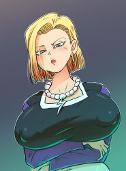 Rule 34 | 1girl, absurdres, android 18, blonde hair, blue eyes, breasts, covered erect nipples, dragon ball, dragon ball super, dragonball z, female focus, highres, huge breasts, mature female, nipples, rickert kai, short hair, source request