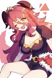 Rule 34 | 1girl, ;d, absurdres, black dress, breasts, cleavage, dotpyenji, dragalia lost, dragon girl, dragon horns, dragon tail, dress, fang, hair between eyes, highres, horns, large breasts, long bangs, long hair, looking at viewer, medium breasts, mym (dragalia lost), one eye closed, open mouth, red hair, short sleeves, skin fang, smile, solo, tail, very long hair, white background, yellow eyes