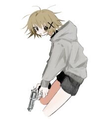 Rule 34 | 1girl, ahoge, alternate costume, black eyes, black shorts, brown hair, cropped legs, from side, grey hoodie, gun, hair ornament, handgun, hidamari sketch, highres, holding, holding gun, holding weapon, hood, hood down, hoodie, long sleeves, looking at viewer, looking to the side, open mouth, revolver, s&amp;w 500, short shorts, shorts, simple background, solo, sweat, trigger discipline, tsuda hayato, two-handed, weapon, white background, x hair ornament, yuno (hidamari sketch)
