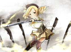 Rule 34 | 10s, 1girl, beret, blonde hair, boots, breasts, brown thighhighs, detached sleeves, dress, drill hair, field of blades, fingerless gloves, gloves, gun, hair ornament, hairpin, hat, kotera (koterabyte), large breasts, magical girl, magical musket, mahou shoujo madoka magica, mahou shoujo madoka magica (anime), pleated skirt, puffy sleeves, ribbon, rifle, skirt, solo, striped clothes, striped thighhighs, thighhighs, tomoe mami, twin drills, twintails, vertical-striped clothes, vertical-striped thighhighs, weapon, yellow eyes, zettai ryouiki