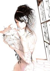 Rule 34 | 1girl, back, bare back, bare shoulders, bouquet, closed eyes, flower, messy hair, monochrome, original, rose, shade, simple background, solo, sousou (sousouworks), tiara, white background, window