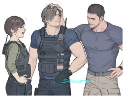 Rule 34 | 1girl, 2boys, artist name, black gloves, black pants, blue shirt, breasts, brown hair, bulletproof vest, chris redfield, closed eyes, closed mouth, cowboy shot, facial hair, gloves, green shirt, grey pants, hair over one eye, hand in another&#039;s hair, hand on another&#039;s head, hand on own hip, hands on own hips, harness, laughing, leon s. kennedy, medium breasts, multiple boys, open mouth, pants, parted bangs, parted lips, rebecca chambers, resident evil, resident evil: vendetta, sardine (kjr0313), shirt, short hair, sleeves rolled up, stubble, t-shirt, talking, very short hair, walkie-talkie, watch, white background, wristwatch
